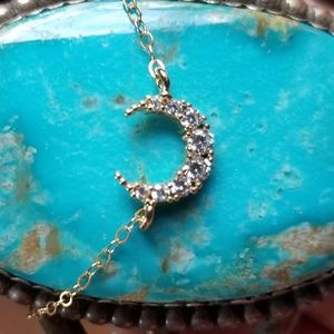 Gold Metal and CZ Crescent Moon Necklace NWOT